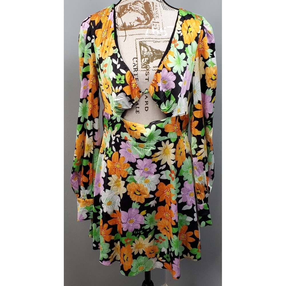 All About May Mini Dress Womens 8 Multi Floral Long Sleeve Cutout Front Back Zip